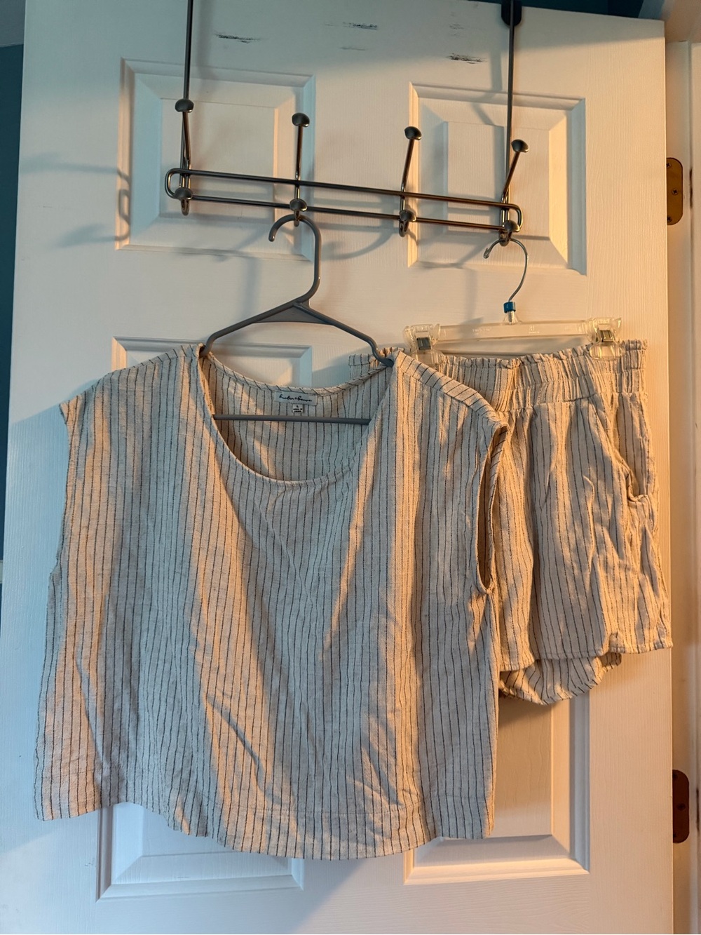 Striped Linen-Look Two-Piece Lounge Set - Light Gray & White